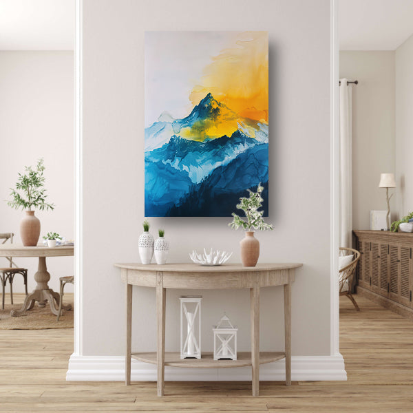 Abstracte aquarel van bergen en zon poster
