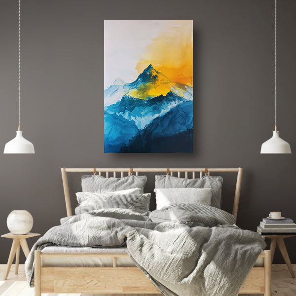 Abstracte aquarel van bergen en zon poster
