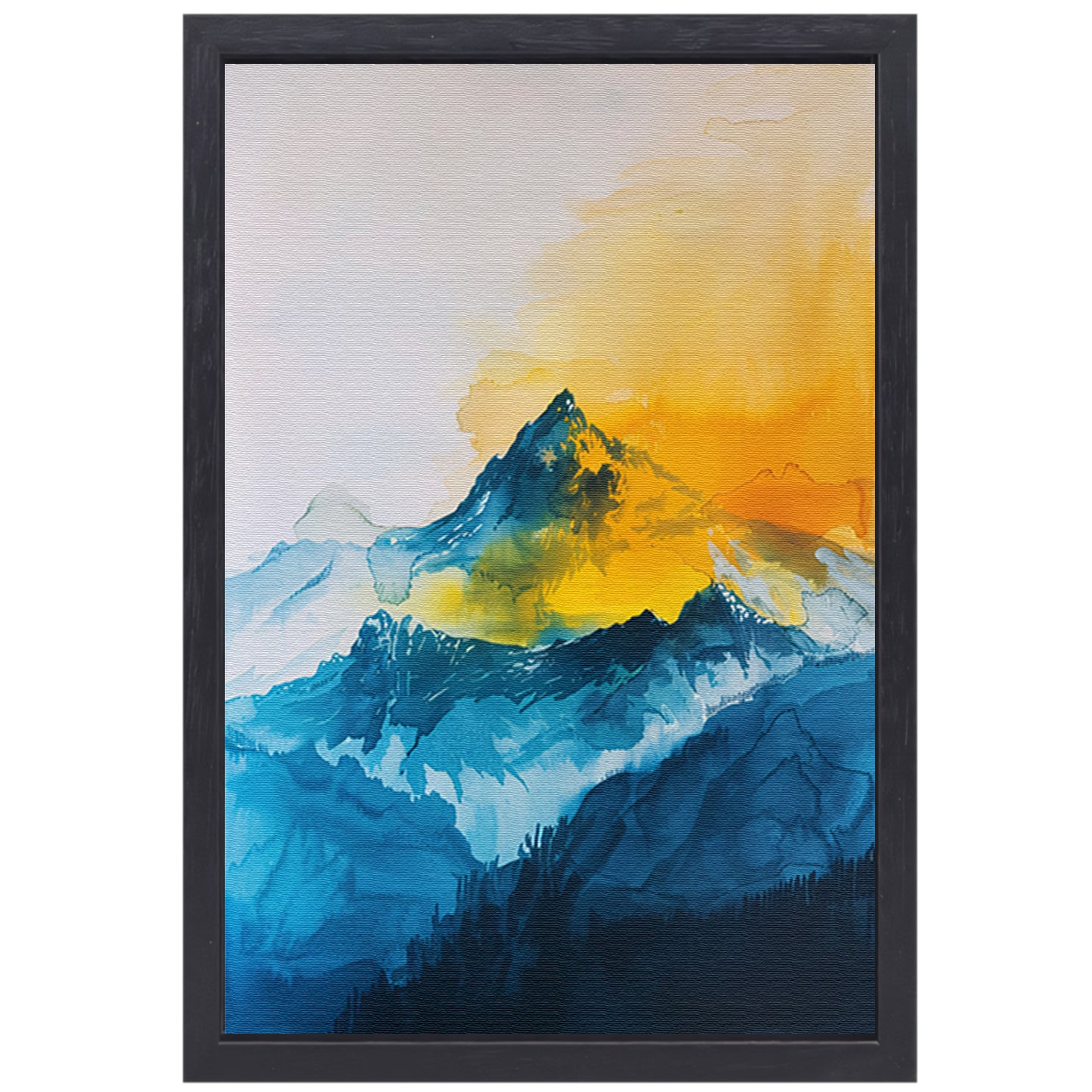 Abstracte aquarel van bergen en zon canvas met baklijst