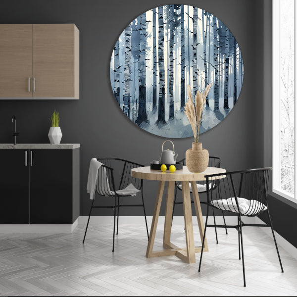 Mystiek berkenbos gehuld in ochtendmist aluminium muurcirkel