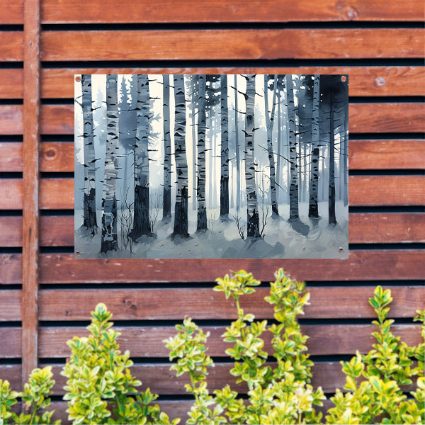 Mystiek berkenbos gehuld in ochtendmist tuinposter