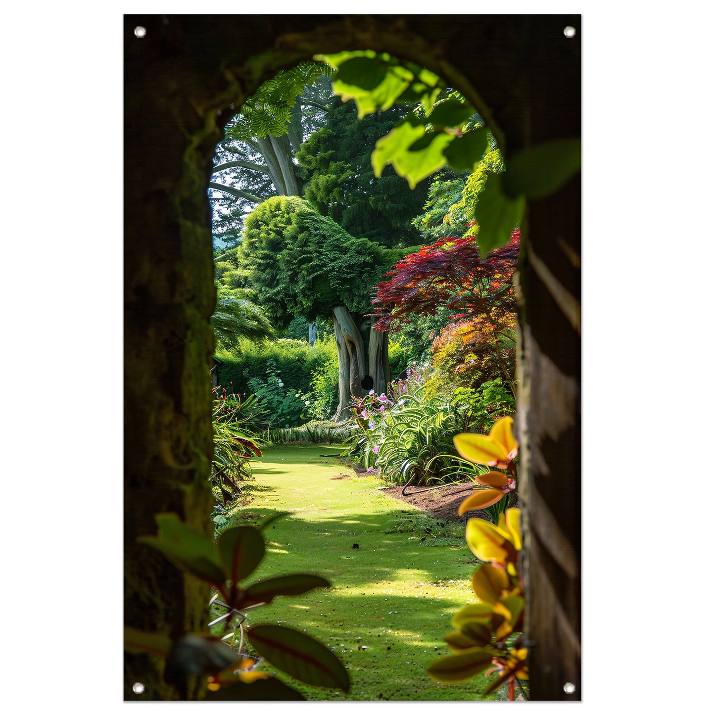 Betoverende Tuin Gezien Door Stenen Poort tuinposter