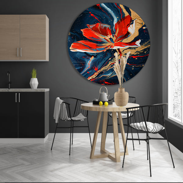 Abstract schilderij van bloem met dynamische kleuren aluminium muurcirkel