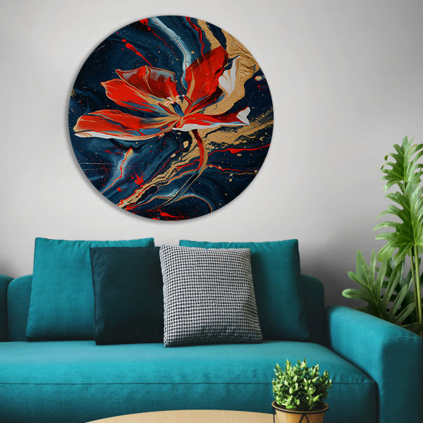 Abstract schilderij van bloem met dynamische kleuren aluminium muurcirkel