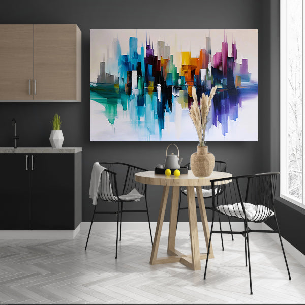 Kleurrijke abstracte skyline met reflecties poster