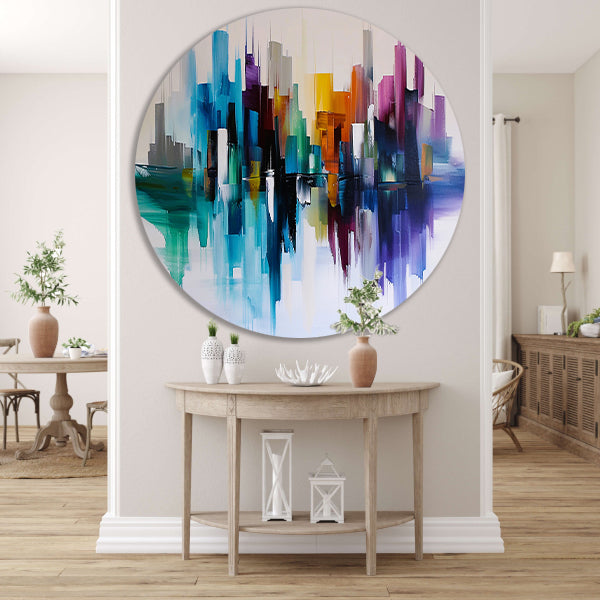 Kleurrijke abstracte skyline met reflecties aluminium muurcirkel