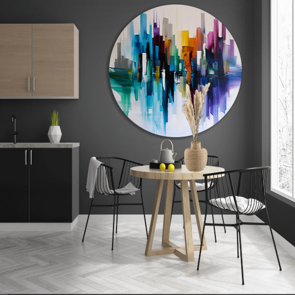 Kleurrijke abstracte skyline met reflecties aluminium muurcirkel