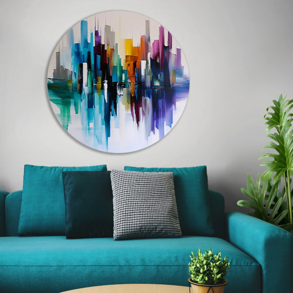 Kleurrijke abstracte skyline met reflecties forex muurcirkel