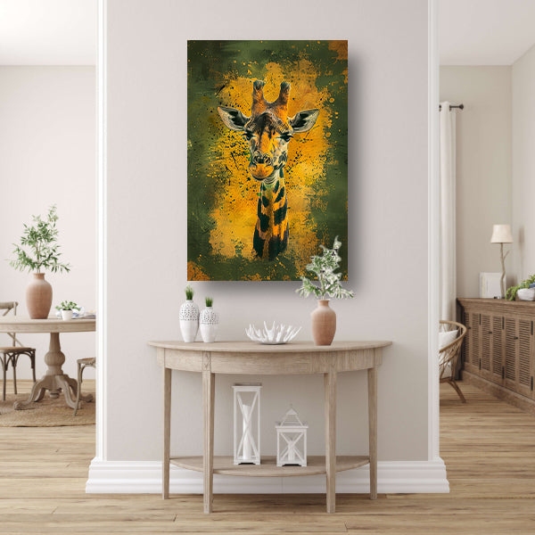 Kleurrijk giraffeportret met dynamische achtergrond poster