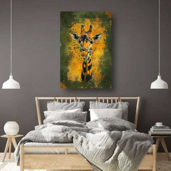 Kleurrijk giraffeportret met dynamische achtergrond poster