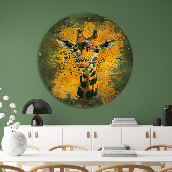 Kleurrijk giraffeportret met dynamische achtergrond aluminium muurcirkel