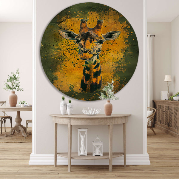 Kleurrijk giraffeportret met dynamische achtergrond forex muurcirkel