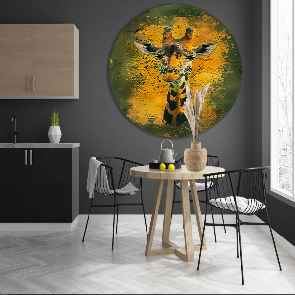 Kleurrijk giraffeportret met dynamische achtergrond aluminium muurcirkel