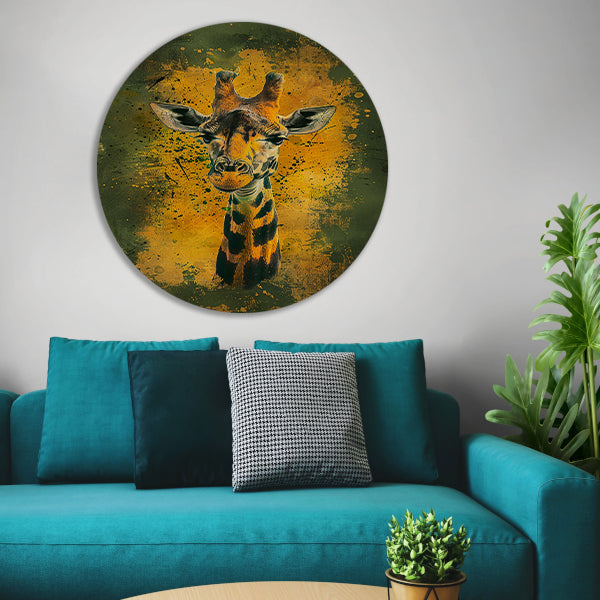 Kleurrijk giraffeportret met dynamische achtergrond aluminium muurcirkel