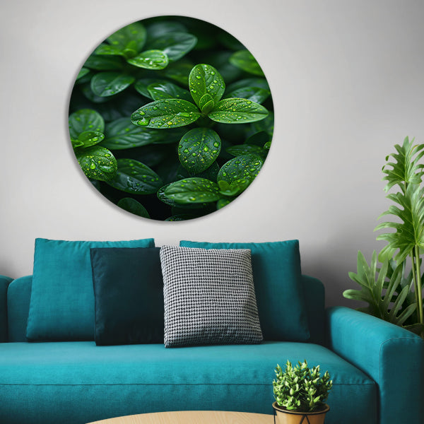 Close-up van groene bladeren met dauwdruppels aluminium muurcirkel