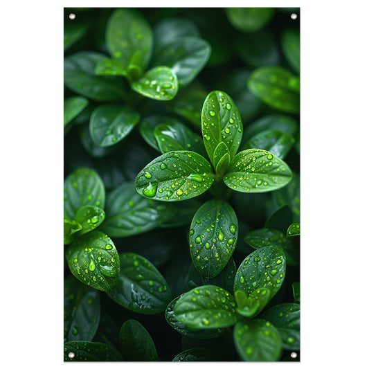 Close-up van groene bladeren met dauwdruppels tuinposter