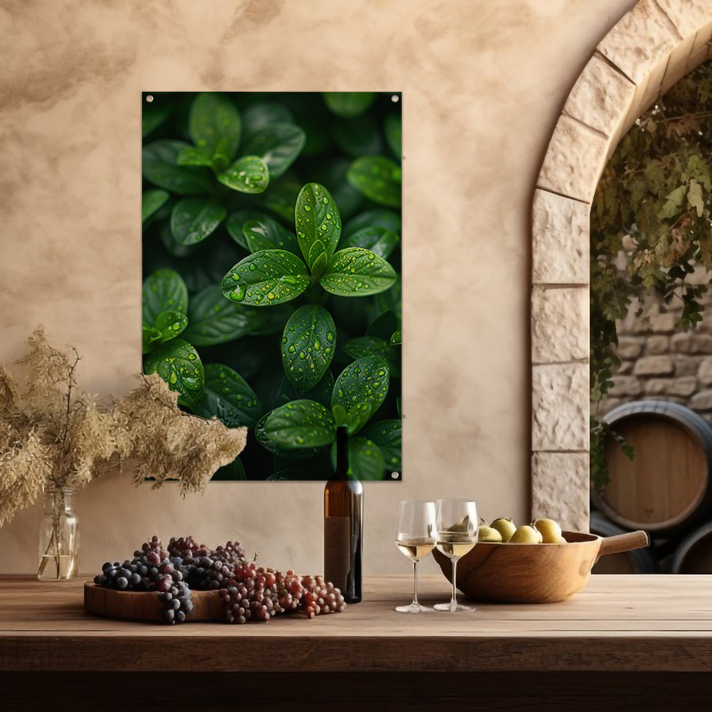 Close-up van groene bladeren met dauwdruppels tuinposter