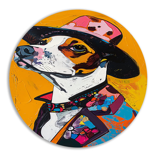 Kleurrijk Pop Art Hond in Hoed aluminium muurcirkel