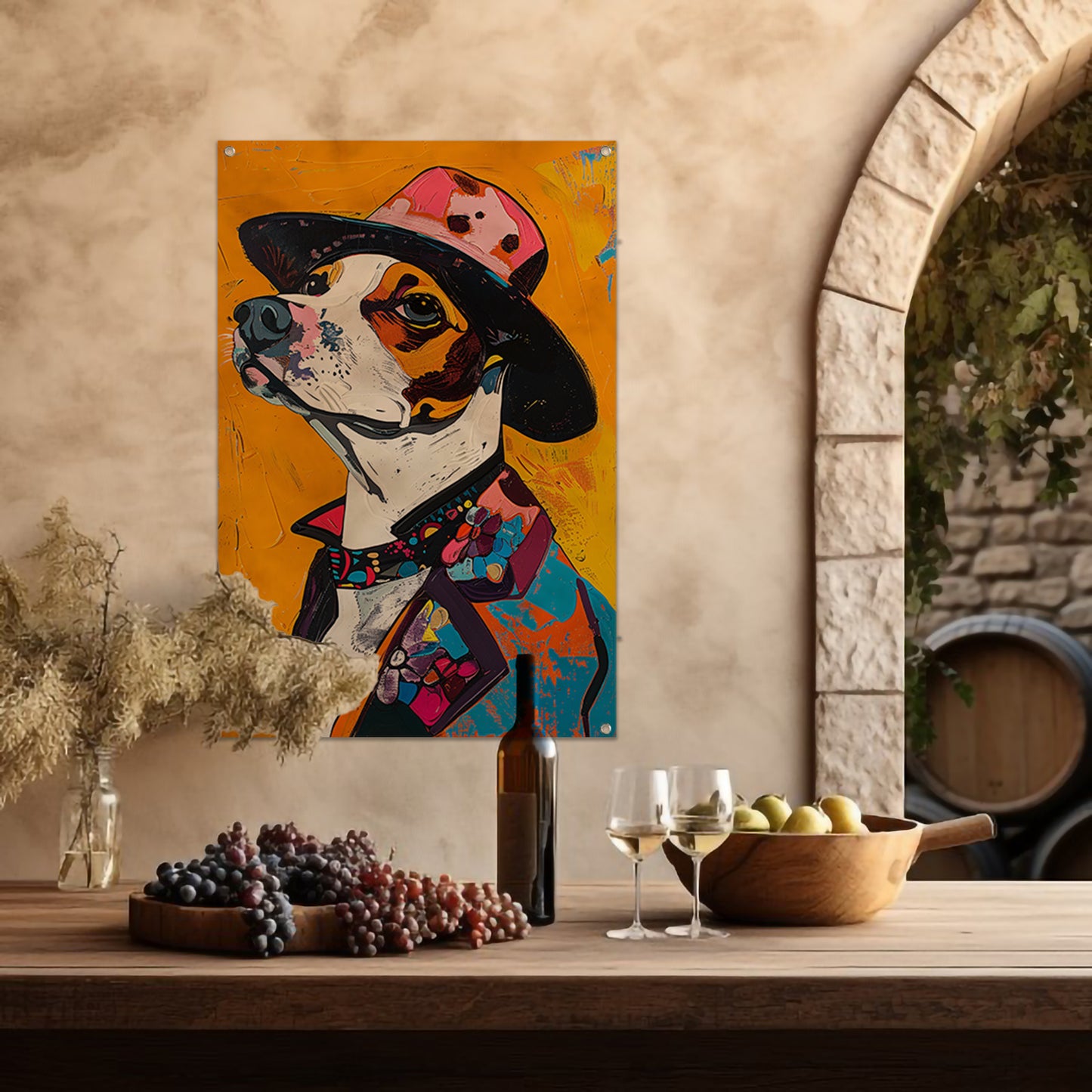 Kleurrijk Pop Art Hond in Hoed tuinposter