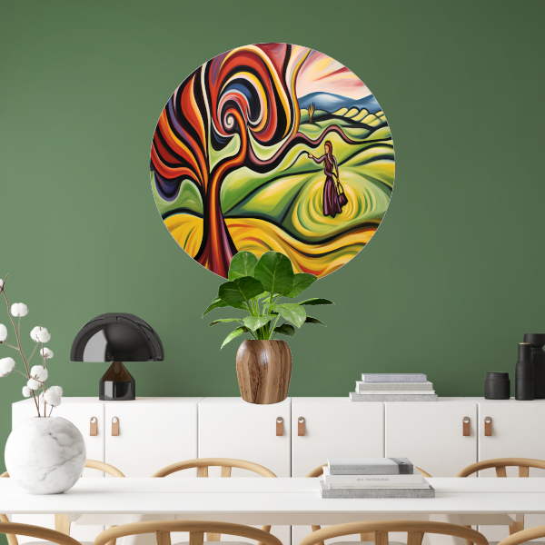 Elegante vrouw en kleurrijke natuur aluminium muurcirkel