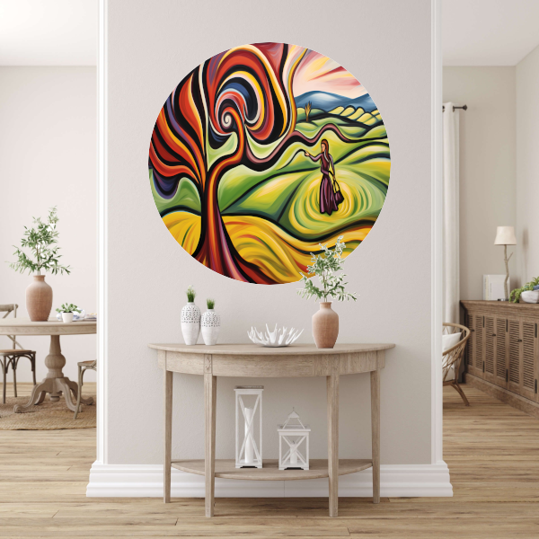 Elegante vrouw en kleurrijke natuur aluminium muurcirkel