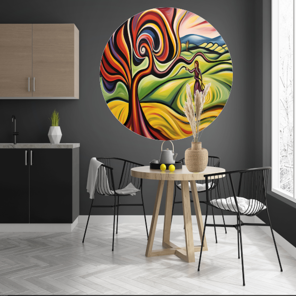 Elegante vrouw en kleurrijke natuur aluminium muurcirkel
