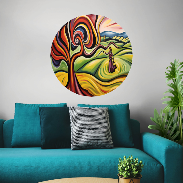 Elegante vrouw en kleurrijke natuur aluminium muurcirkel