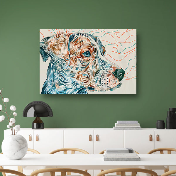 Kleurrijke abstracte hond lijntekening schilderij canvas met baklijst