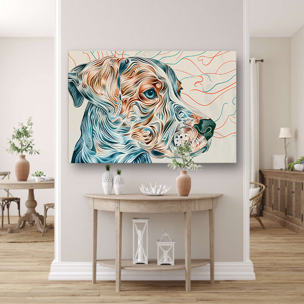 Kleurrijke abstracte hond lijntekening schilderij canvas met baklijst