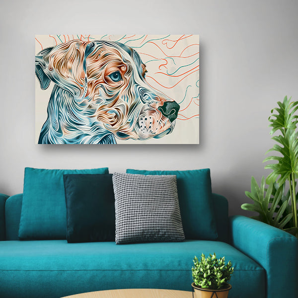 Kleurrijke abstracte hond lijntekening schilderij canvas met baklijst