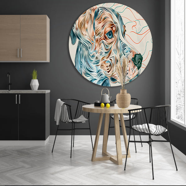 Kleurrijke abstracte hond lijntekening schilderij aluminium muurcirkel