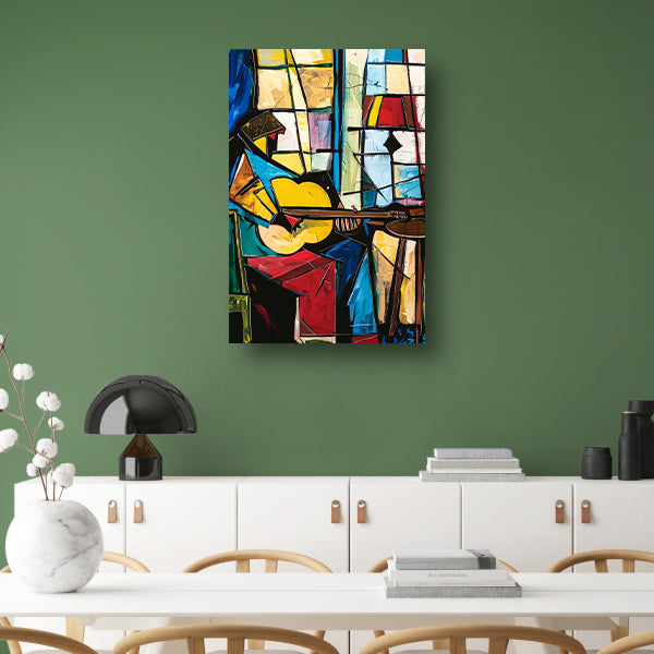 Kubistische Gitarist in Kleurrijk Interieur poster