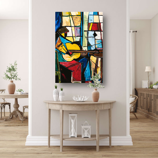 Kubistische Gitarist in Kleurrijk Interieur poster