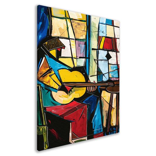 Kubistische Gitarist in Kleurrijk Interieur canvas
