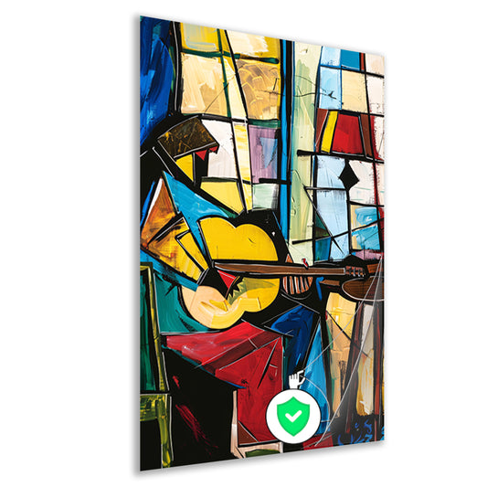 Kubistische Gitarist in Kleurrijk Interieur poster