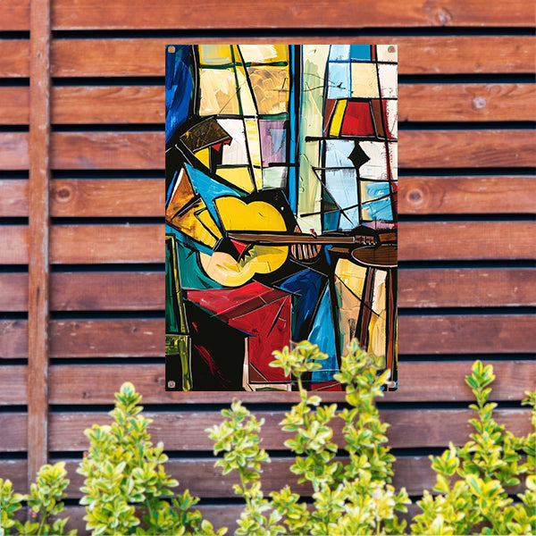Kubistische Gitarist in Kleurrijk Interieur tuinposter
