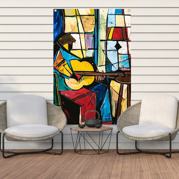 Kubistische Gitarist in Kleurrijk Interieur tuinposter