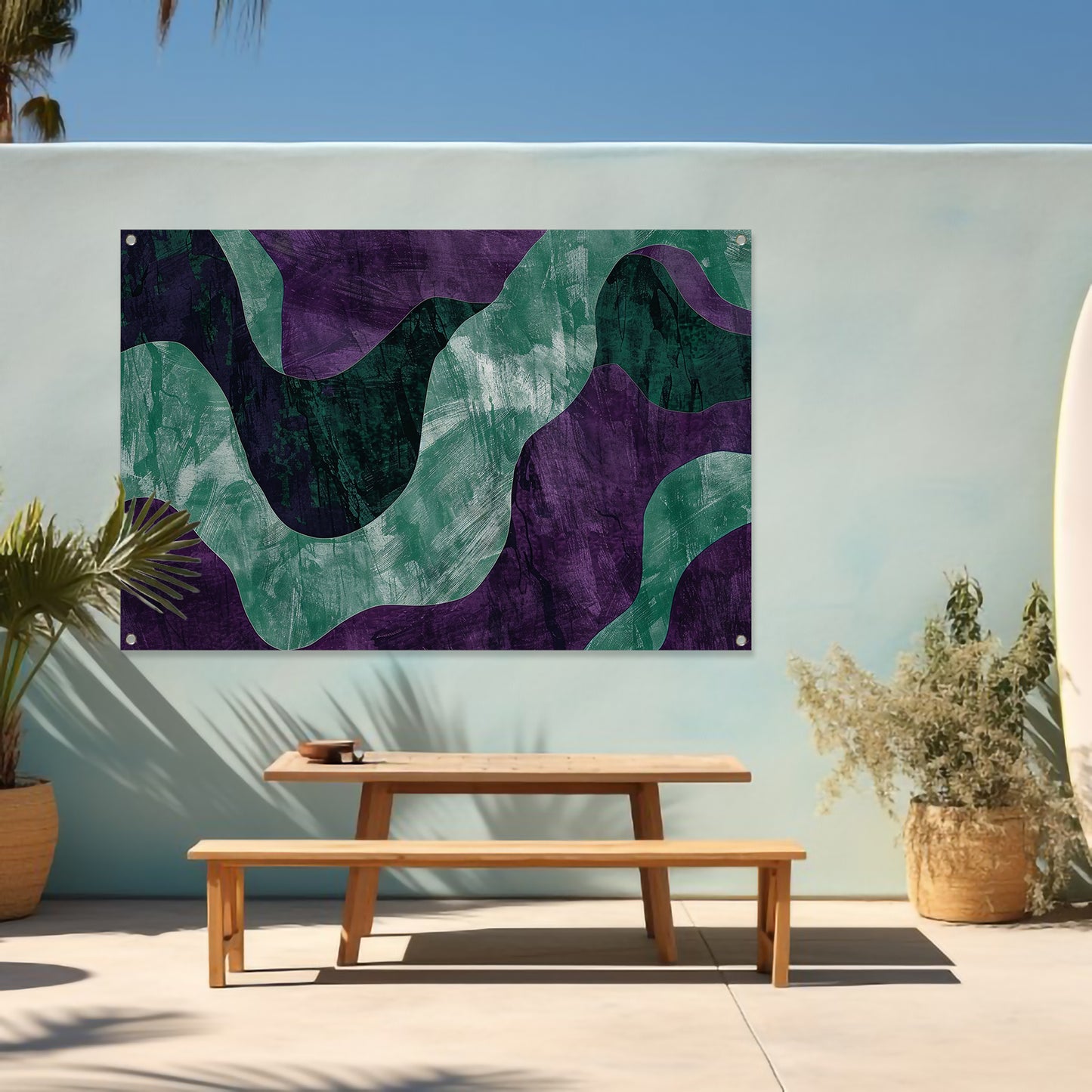 Abstract kunstwerk met paarse en groene lijnen tuinposter