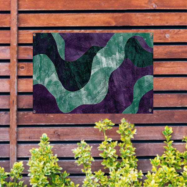 Abstract kunstwerk met paarse en groene lijnen tuinposter
