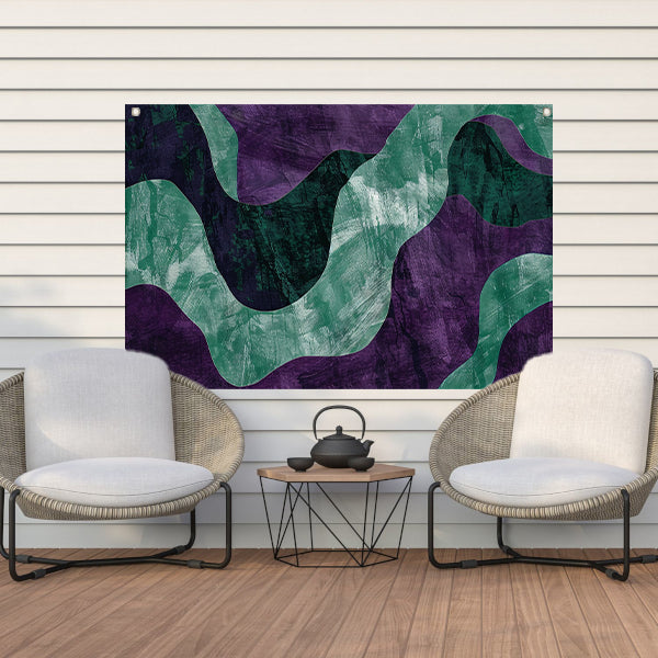 Abstract kunstwerk met paarse en groene lijnen tuinposter
