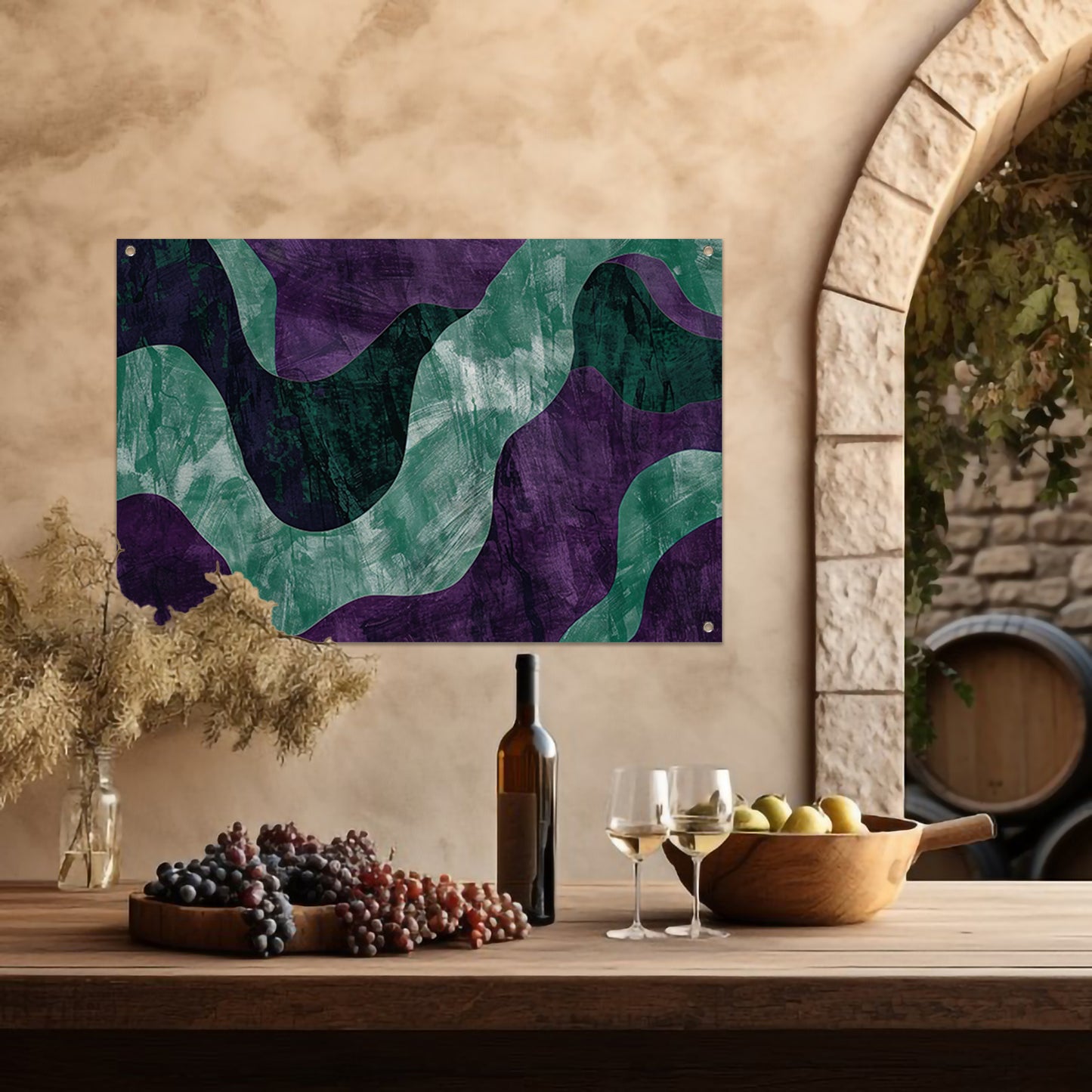 Abstract kunstwerk met paarse en groene lijnen tuinposter