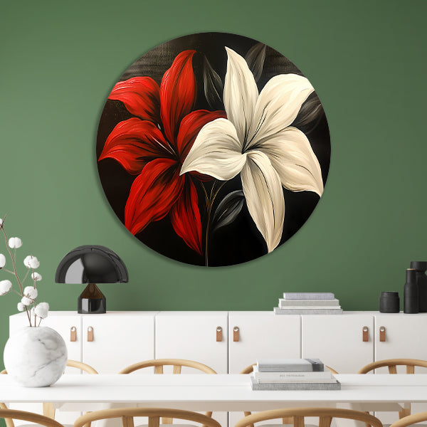 Abstracte bloemen in rood en wit forex muurcirkel