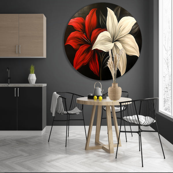Abstracte bloemen in rood en wit forex muurcirkel