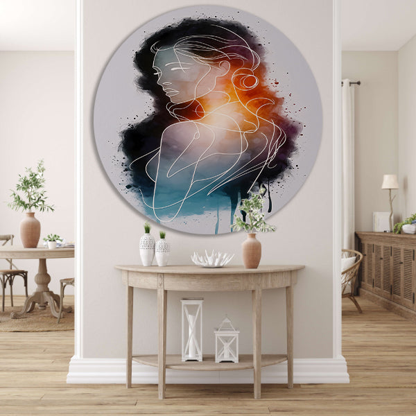 Vrouw in Abstracte Kleuren en Lijnen aluminium muurcirkel