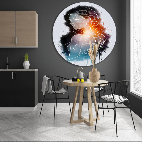 Vrouw in Abstracte Kleuren en Lijnen aluminium muurcirkel