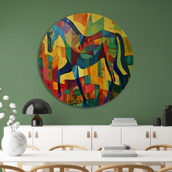 Kleurrijk abstract schilderij van een paard aluminium muurcirkel