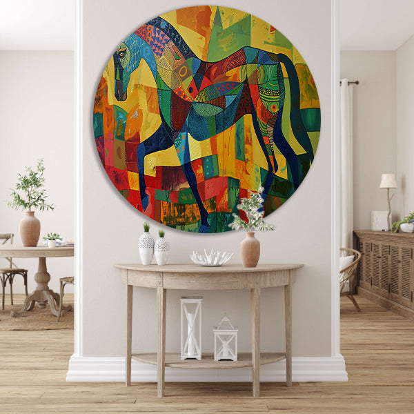 Kleurrijk abstract schilderij van een paard aluminium muurcirkel