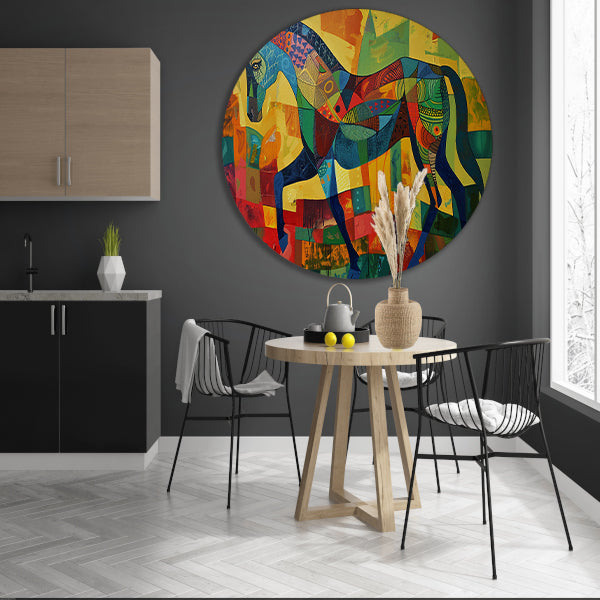 Kleurrijk abstract schilderij van een paard aluminium muurcirkel