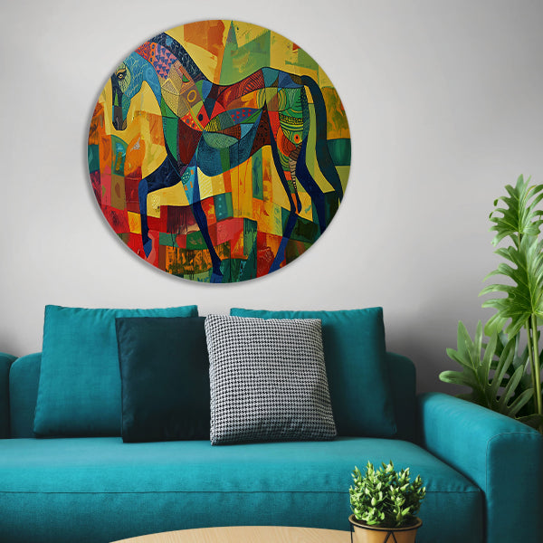 Kleurrijk abstract schilderij van een paard aluminium muurcirkel