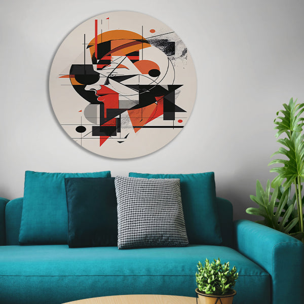 Abstract portret van vrouw in geometrische vormen aluminium muurcirkel